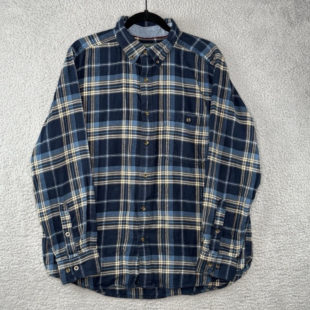 Woolrich‎ Flannel Button Shirt Men's Large Blue Plaid Lumberjack Hike Hunt Camp